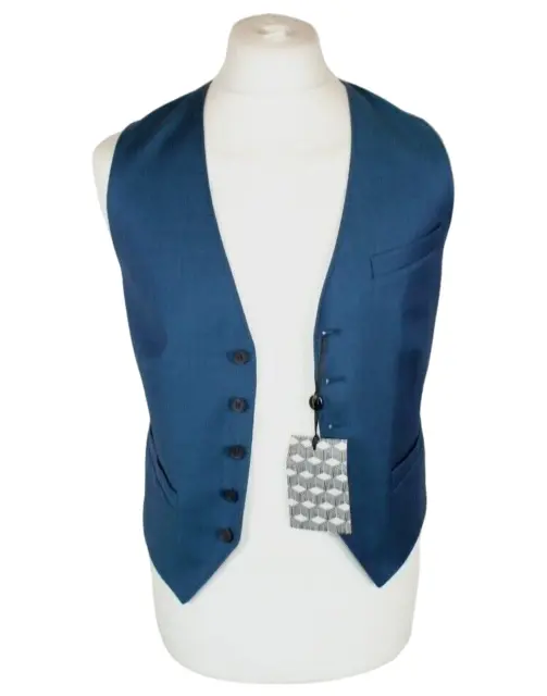 Ted Baker Mens Blue Waistcoat 36R Italian Wool Fabric Pockets Button Adjustable