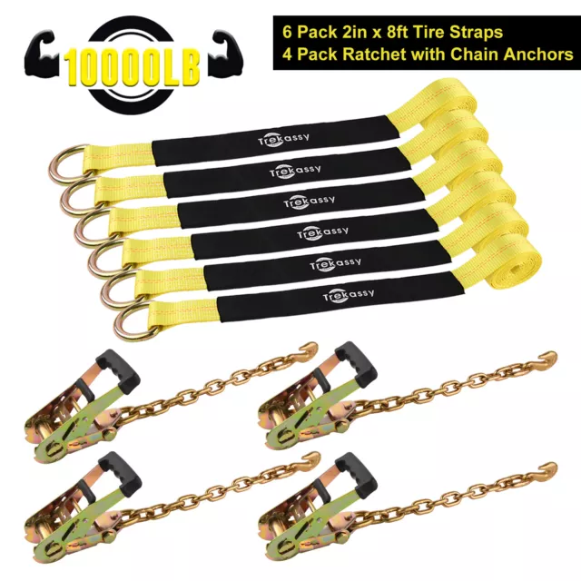 (4 Pk) Auto Hauler Car Flatbed Tie Down Kit Lasso Wheel Ratchet Straps w/ Chain