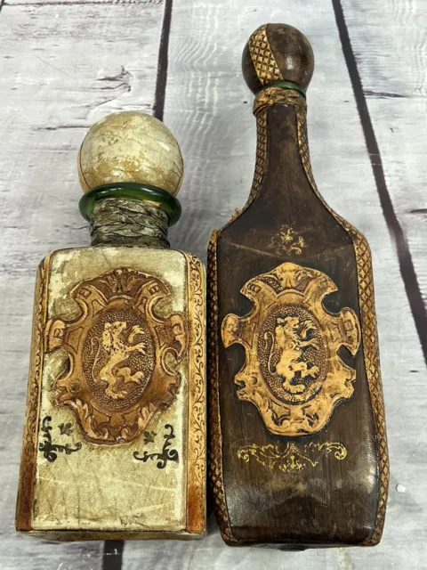 vtg Italian mid century tolled leather wrapped decanters bottles with lion crest