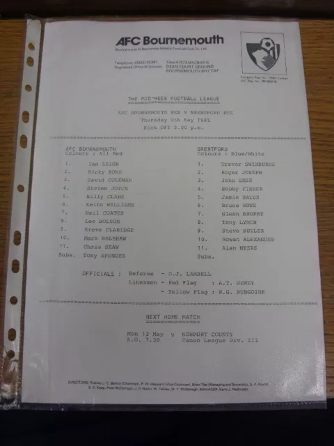 09/05/1985 Bournemouth Reserves v Brentford Reserves  (single sheet). Condition: