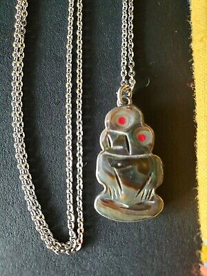 Old New Zealand Carved Paua Shell Tiki with Silver Backing on Local Silver Chain 3
