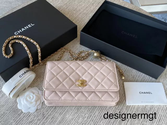 NIB 100%AUTH CHANEL 22C Beige Clair Lambskin Pearl Crush Wallet On