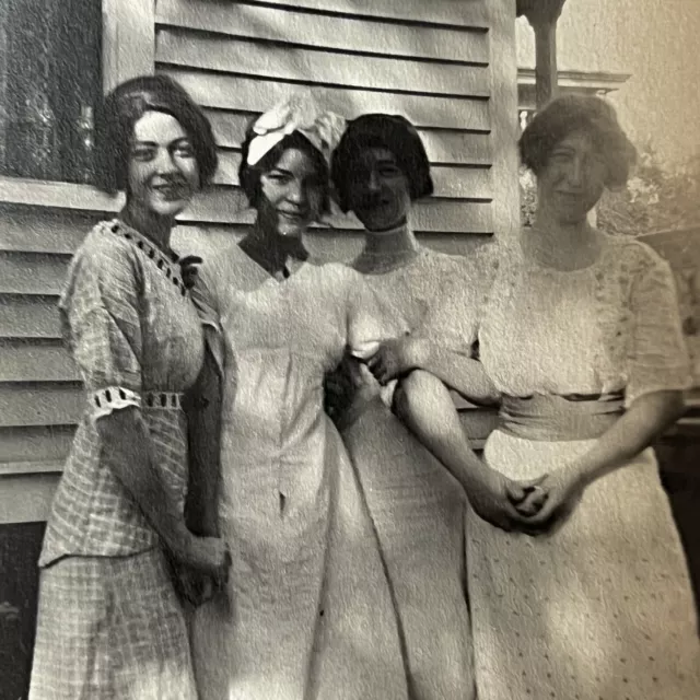 Antique B&W Snapshot Group Photograph Beautiful Young Women Sun Thru Leaves