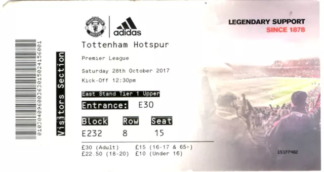 TICKET STUB - MANCHESTER UNITED v TOTTENHAM - 28/10/2017