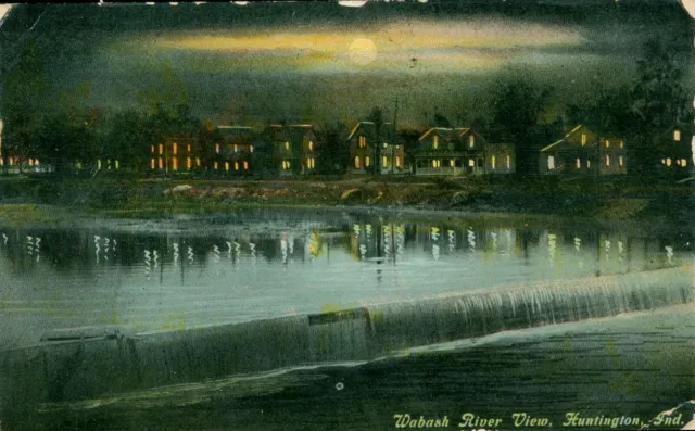 Wabash River Night View, Huntington, Indiana - Vintage 1915 Color Postcard