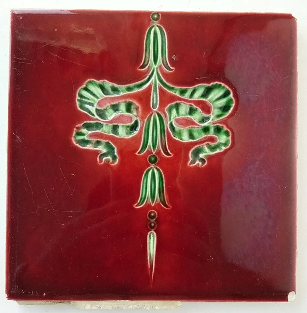 Antique English Tile Art Nouveau Green Burgundy Fireplace Ceramics 6 inch