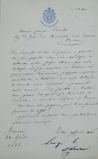 Lettera manoscritta con autografo - Politico Luigi Farina - 1882