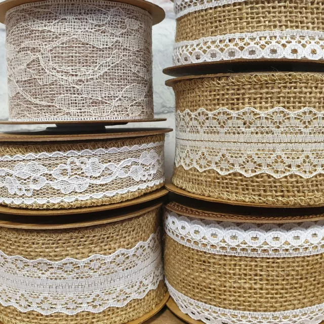 HESSIAN LACE RIBBON Natural Jute White Ivory Cream Burlap Wedding Cake Trim 1M