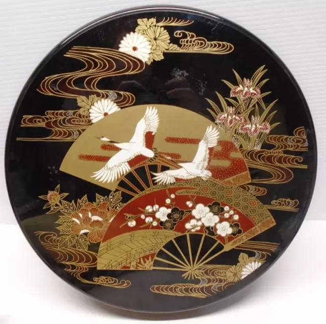 Yamanaka Lacquer Ware Japan Large Box Round Lid Cranes & Fans 11.5" Black Gold