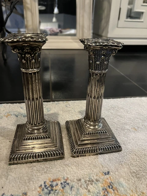 Pair of Antique English Silver Plated Candlesticks in a Corinthian Column Style