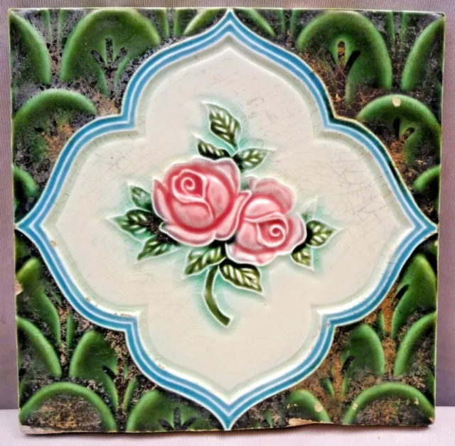 Vintage Tile Majolica Ceramic Art Nouveau Dk Japan Rose Design Green Color # 358