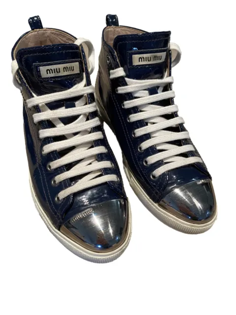 Miu Miu Navy Patent Leather High Top Lace Up Sneaker Silver Cap Toe sz 37.5