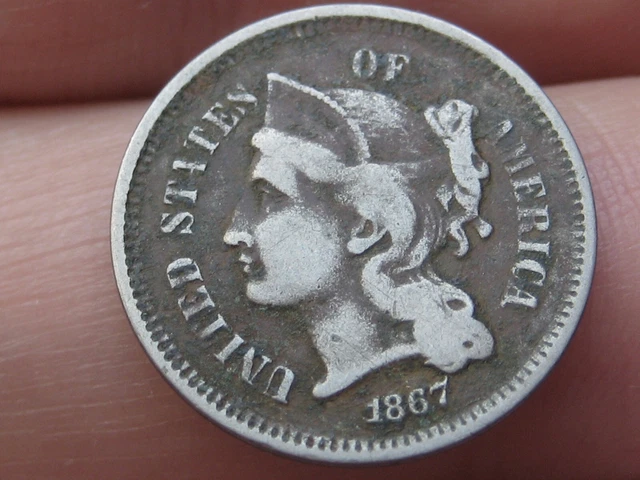 1867 Three 3 Cent Nickel- Fine/VF Details