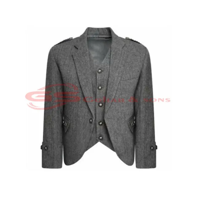 Scottish Gray Argyle kilt Jacket With Waistcoat Tweed Wool Wedding Kilt Jacket