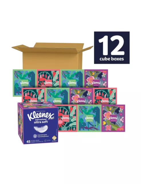 Kleenex Expressions Ultra Soft Facial Tissues, 12 Cube Boxes, 540 Total Tissue