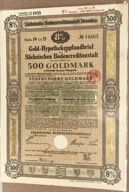 1935 German 8 % BOND GOLD-HYPOTHEKENPFANDBRIEF 500 GM in Plastic #14463