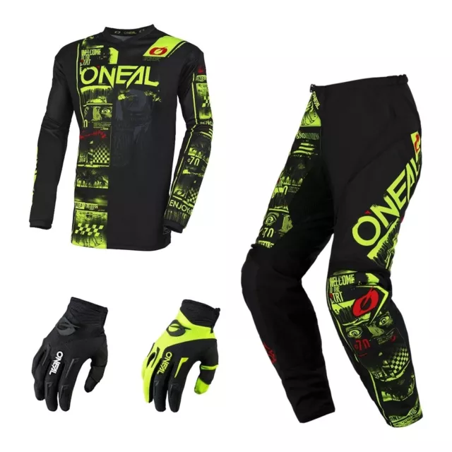 Motocross Set Oneal Element Attack Hose Shirt Crosshose Jersey schwarz neon gelb