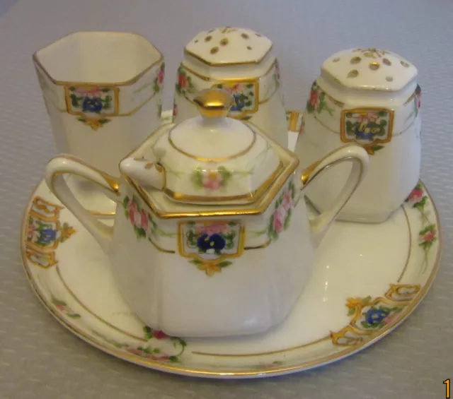 antique Handpainted Nippon Porcelain Breakfast Set tray jam pot spoon eggcup s&p