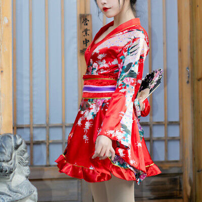 Japanese Bathrobe Yukata Costume Floral Kimono Satin Ruffle Dress Vintage Women