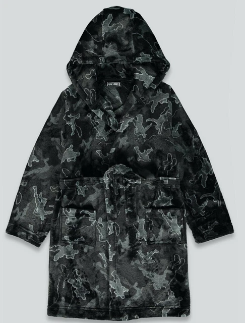BOYS FORTNITE FLEECE Grey Black Dressing Gown Bath Robe 9-14 Years