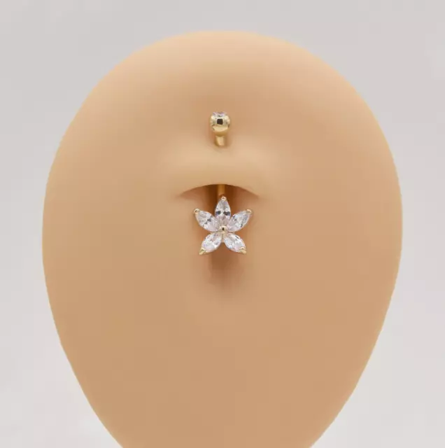 Solid In 14K Yellow Gold Marquise Cut Lab Grown Diamond Dainty Belly Button Ball