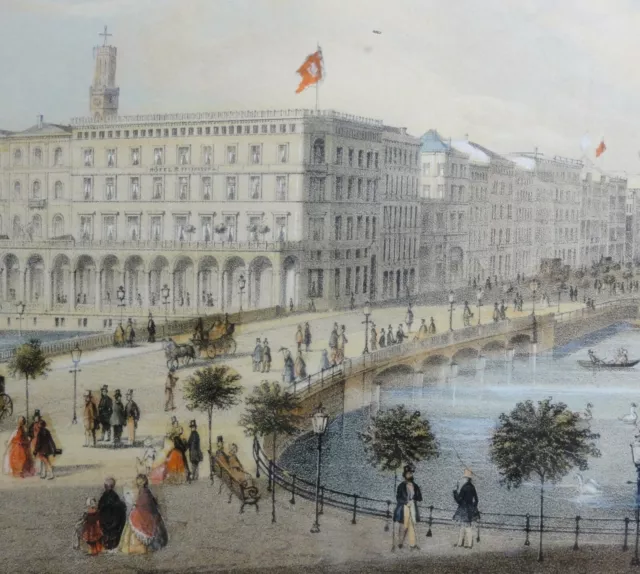 Hamburg: REESENDAMMBRÜCKE - ALSTER-ARKADEN um 1850 kolor-Lithographie Ch Fuchs