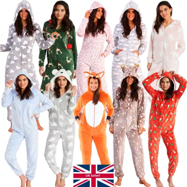 Women's Fleece 1Onesie Heart Star Fox Reindeer Jumpsuit Cosy Winter Loungewear