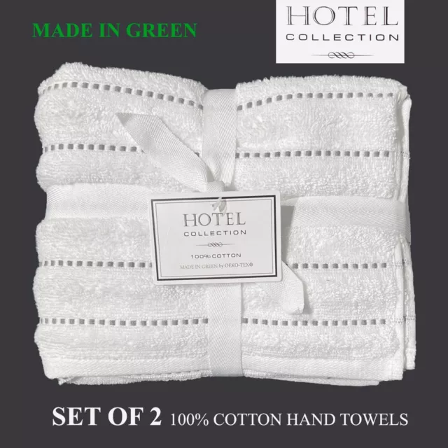 SET OF 2 New HOTEL 100% Cotton Soft Quality Hand Towels White Gray Dotted Lines