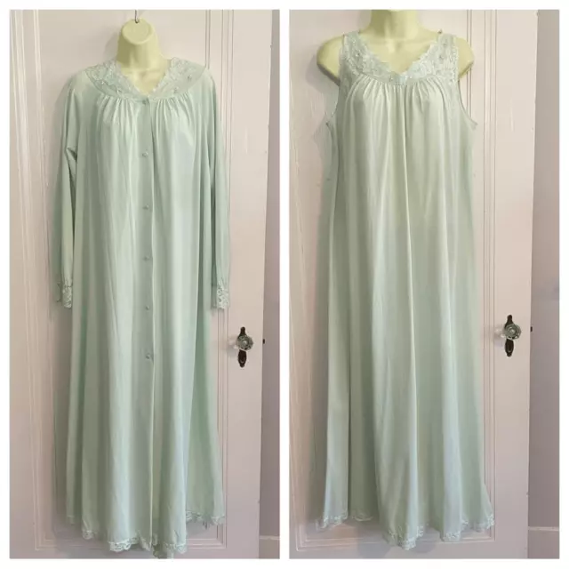 Vtg 60s Shadowline mint green nylon long robe & nightgown set with lace