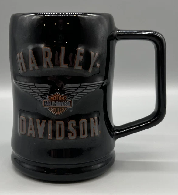 Harley Davidson Raised Shield Lettering Coffee Mug Cup Black Orange Silver