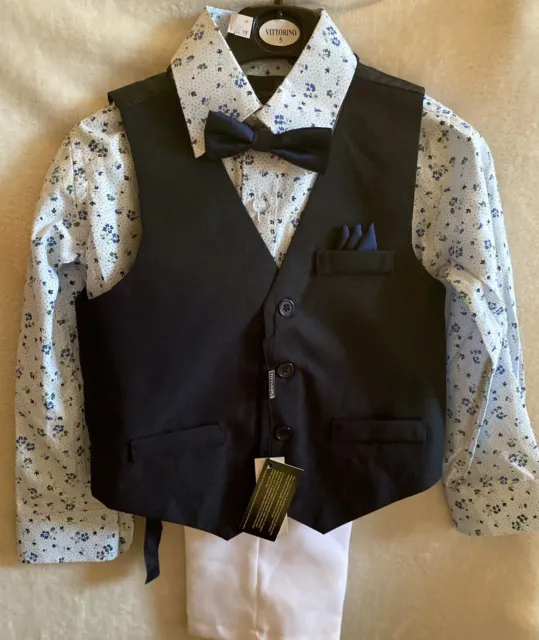 Vittorino Boy's 4 Piece Suit Set Vest Pants Shirt Bow Tie Formal Sz 5 Navy White