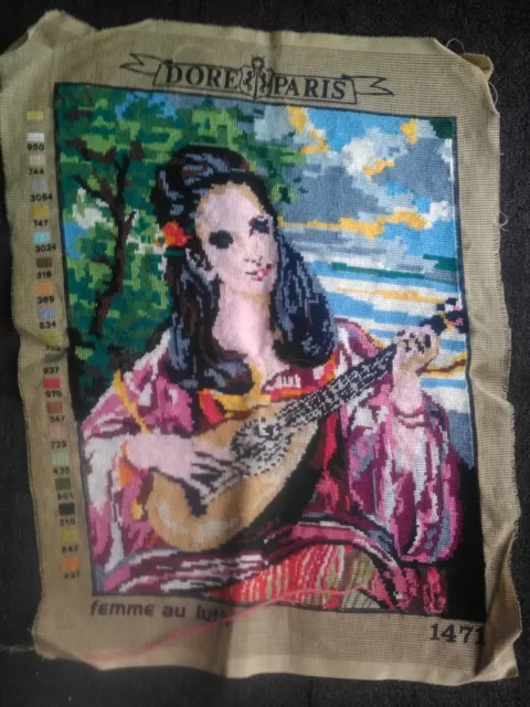 Tapestry unfinished almost 99% complete of Girl playing with Guitar 60x43CM 2