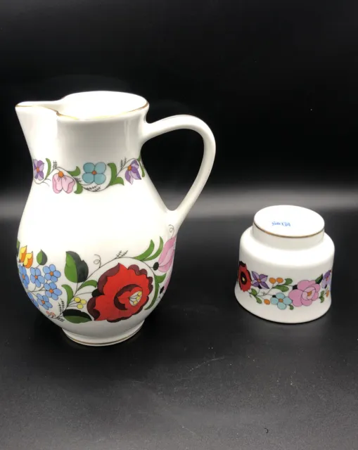 Vtg KALOCSA Porcelain Pitcher Handpainted from Hungary 0186 Floral Set 7 3/8” 3
