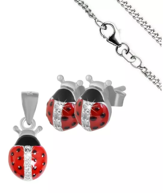 Kinder Schmuckset Kette + Ohrringe Marienkäfer 925 Silber rhodiniert Echtschmuck