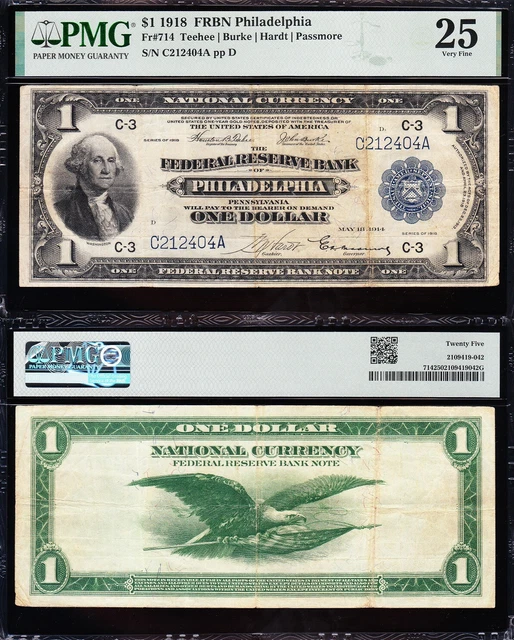 VERY NICE Bold & Crisp VF+ 1918 $1 Philadelphia FRBN Note PMG 25! FREE SHIP! 404