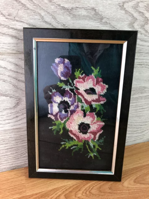 Finished And Framed Tapestry Neelde Point Piece Pink & Purple Flowers