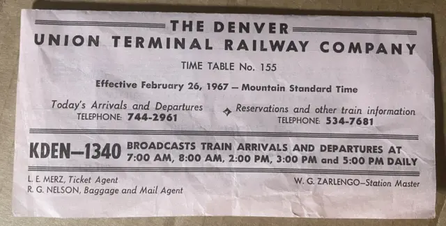 The Denver Union Terminal Railway Co Time Table No 155 Radio KDEN 1967
