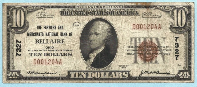 $10 National Currency 1929 T1 - Ch#7327 Farmers & Merchants NB, Bellaire OH - VF