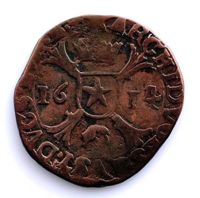 SC Spain - Archdukes Albert and Isabel. Liard 1614 Maastricht. Copper 4.4g.
