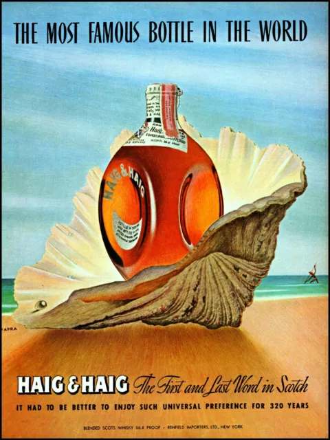 1947 Haig & Haig scots whisky bottle in seashell vintage art print Ad  adL54