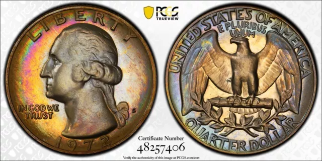 PR67 1972-S 25C Washington Proof Quarter, PCGS Trueview- Rainbow Album Toned