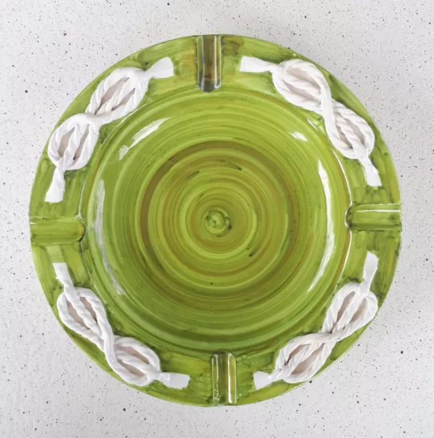 Heavy Italy FZR Ceramic Pottery Round Green Ashtray Plate Bowl, White Rope Knots