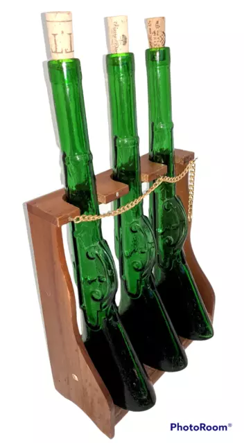Vintage Gun Bar Rack Set Glass Decanters 16" And Wood Stand MANCAVE Game Room