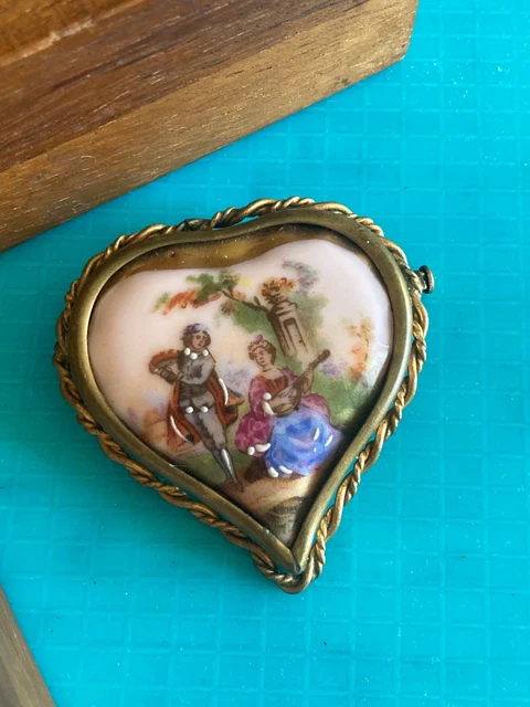 Broche Vintage XXe Siècle - Porcelaine De Limoges - Dorée - Bon état - Collection Bijoux Anciens