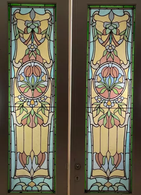 Pair of 112" Tall French Antique Art Nouveau Leaded/Stained Glass Window/Doors