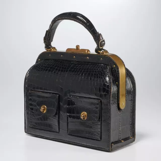 Vintage Black Croc Framed Doctor Satchel Purse Bag Handbag