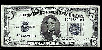 Us Currency $5 Silver Certificate Blue Seal 1934D Washington Dc Vg/Fine