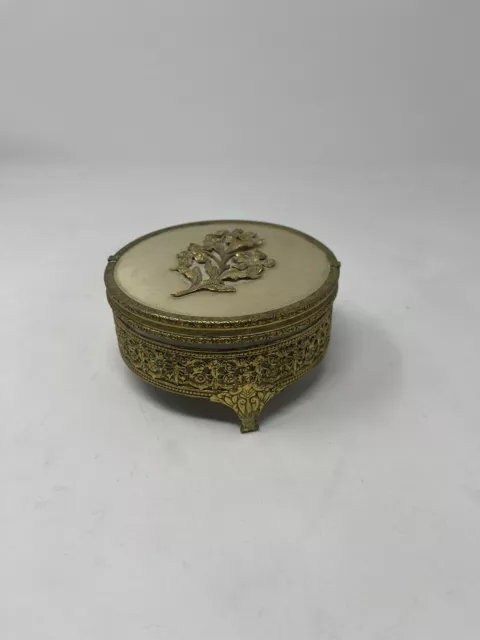Vintage 1940's Footed Globe Glass and 24k Gold Plated Jewelry/Powder Box