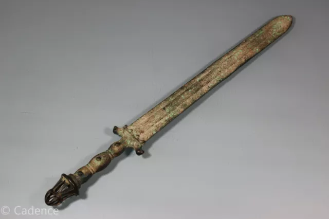 Ancient Dark Bronze Pre Roman 1000 BC Bronze Sword Dagger Intricate Pommel NICE!
