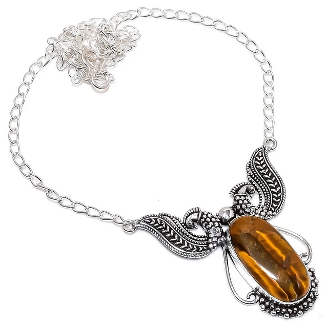 Tiger Eye Gemstone 925 Sterling Silver Jewelry Necklace 18" Easter S789